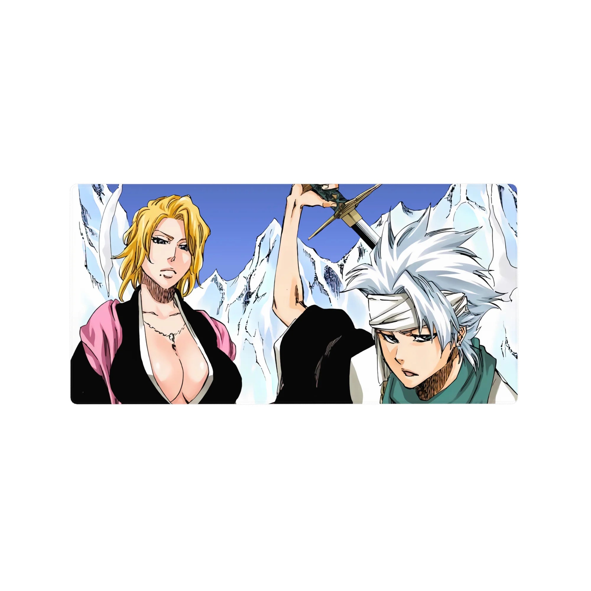 Anime mouse pad 32x16 inches featuring Bleach captains Rangiku and Tōshirō with icy mountains and vibrant colors.