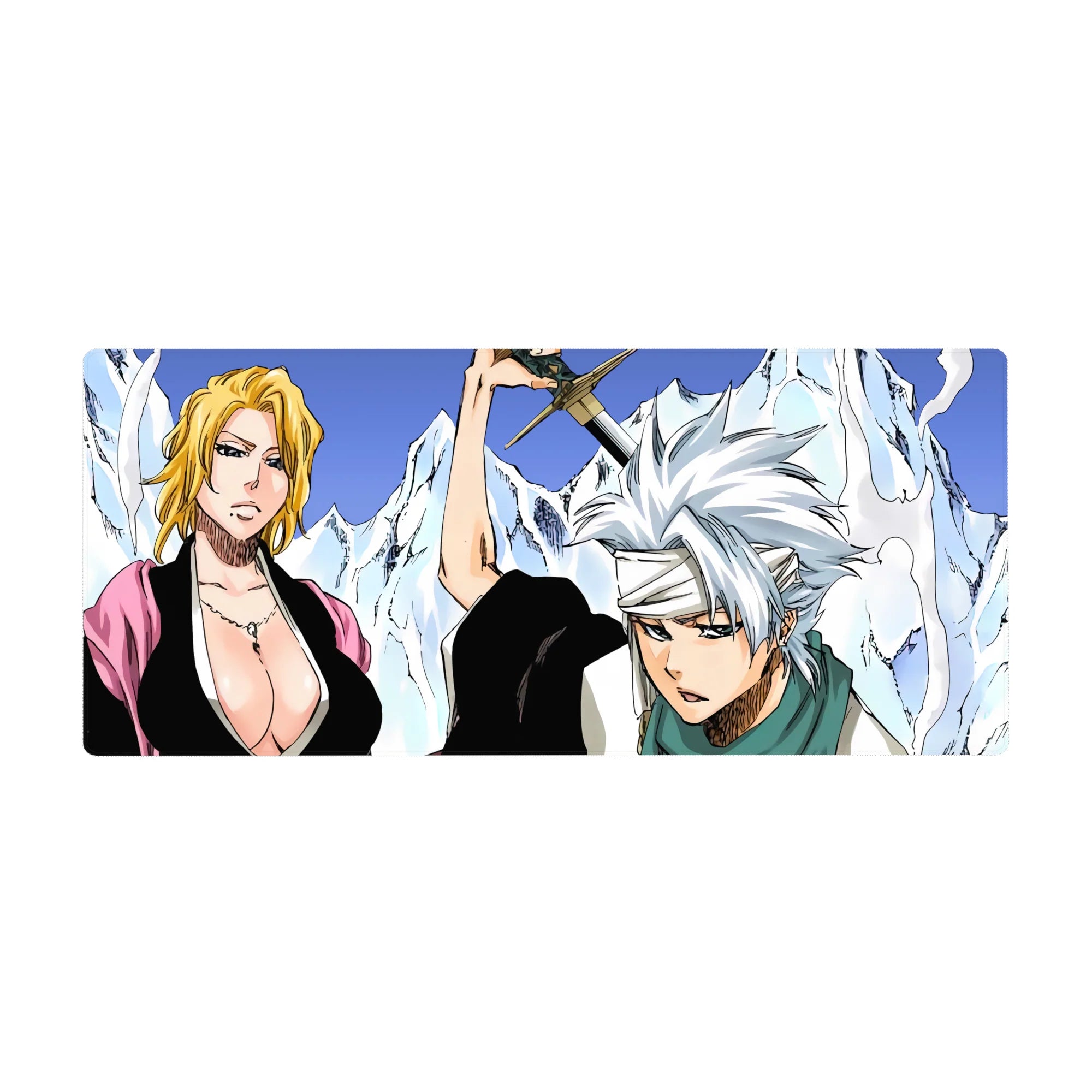 Bleach anime desk pad 36x16 inches featuring Tōshirō Hitsugaya and Rangiku Matsumoto with icy mountains and bold colors.