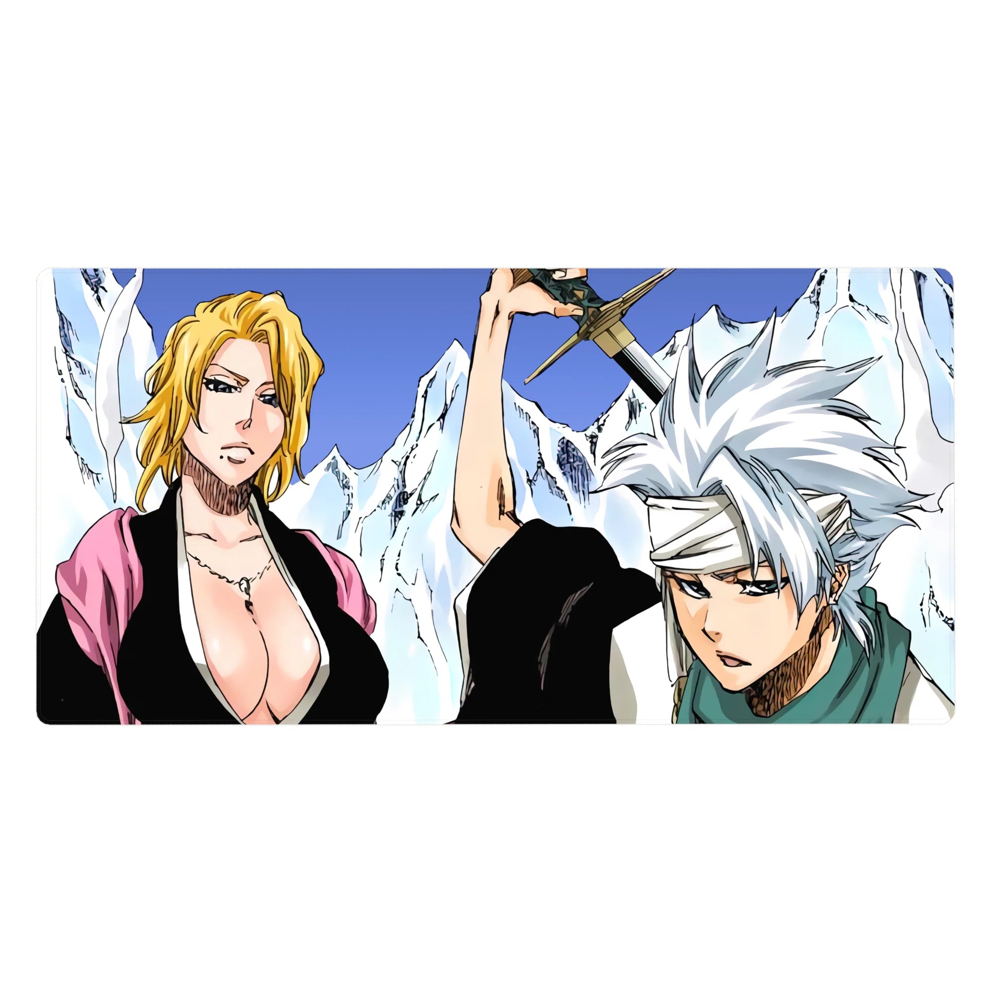 Anime mouse pad 40x20 inches featuring Bleach captains Rangiku and Tōshirō amid ice mountains and fiery elements.