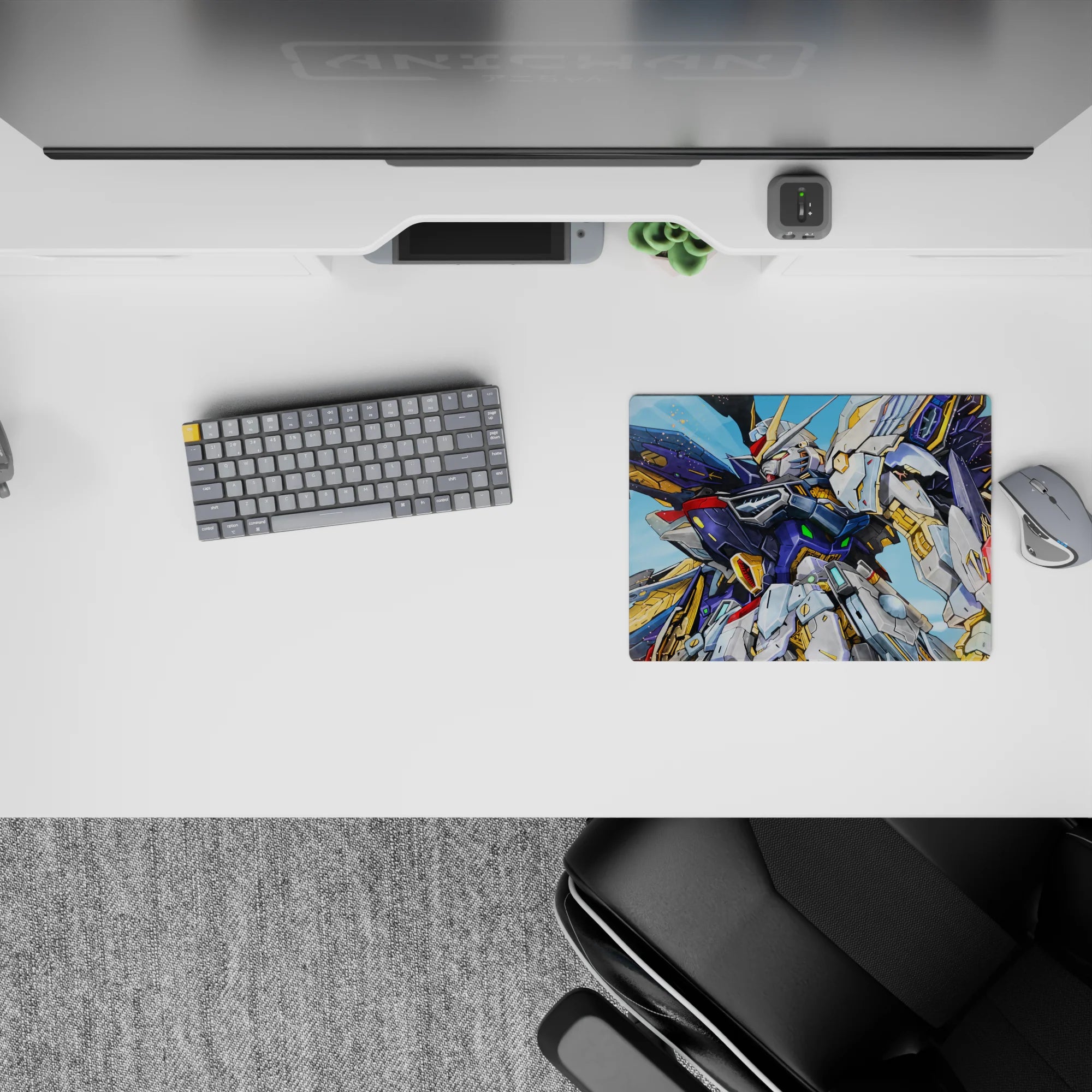 Sky-bright 14x10 inches anime mouse pad in deep cobalt, neon green and red details with space-dust dots.