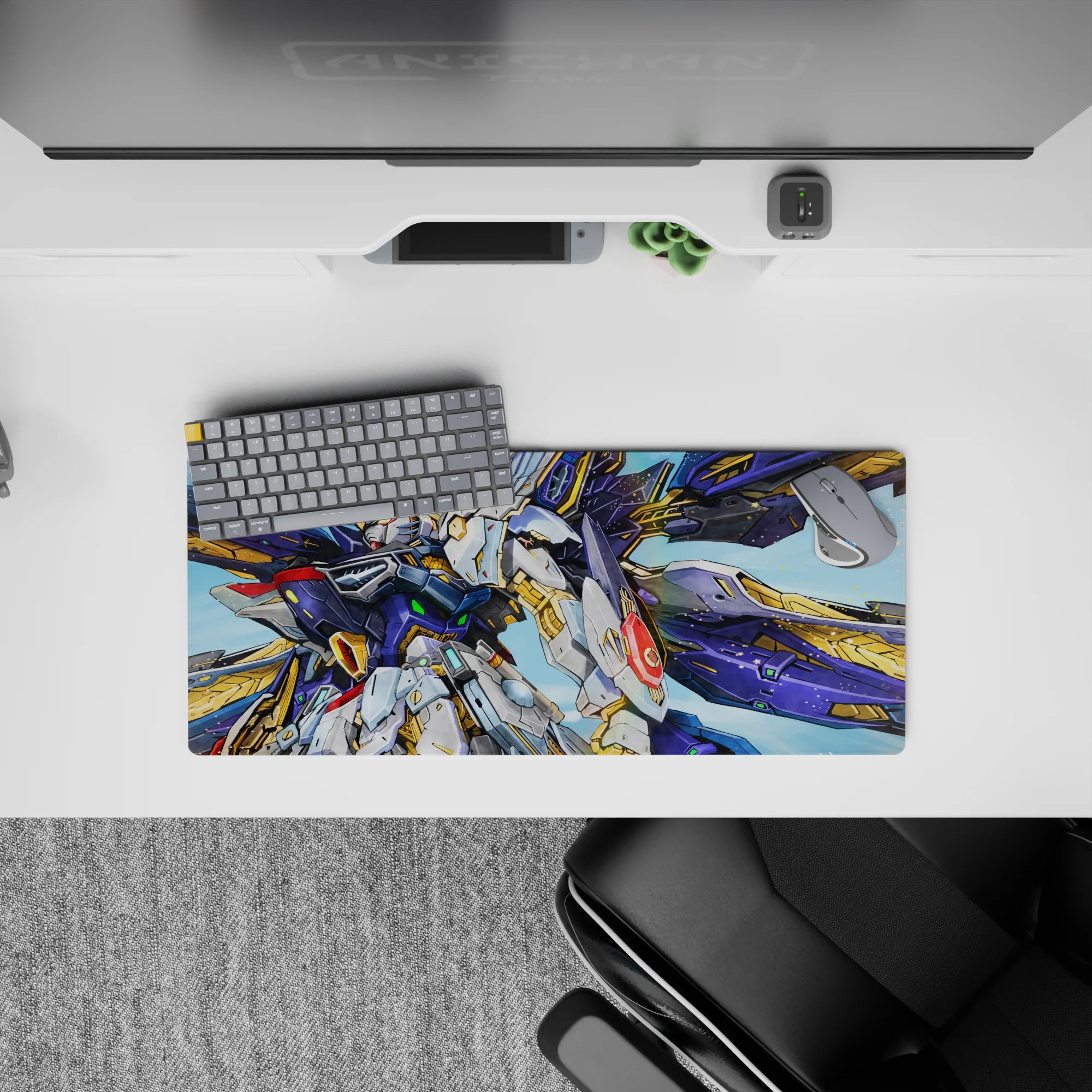 28x12 inches anime mouse pad in deep cobalt and white, spark-like space dust dots, bold red and neon green pop.