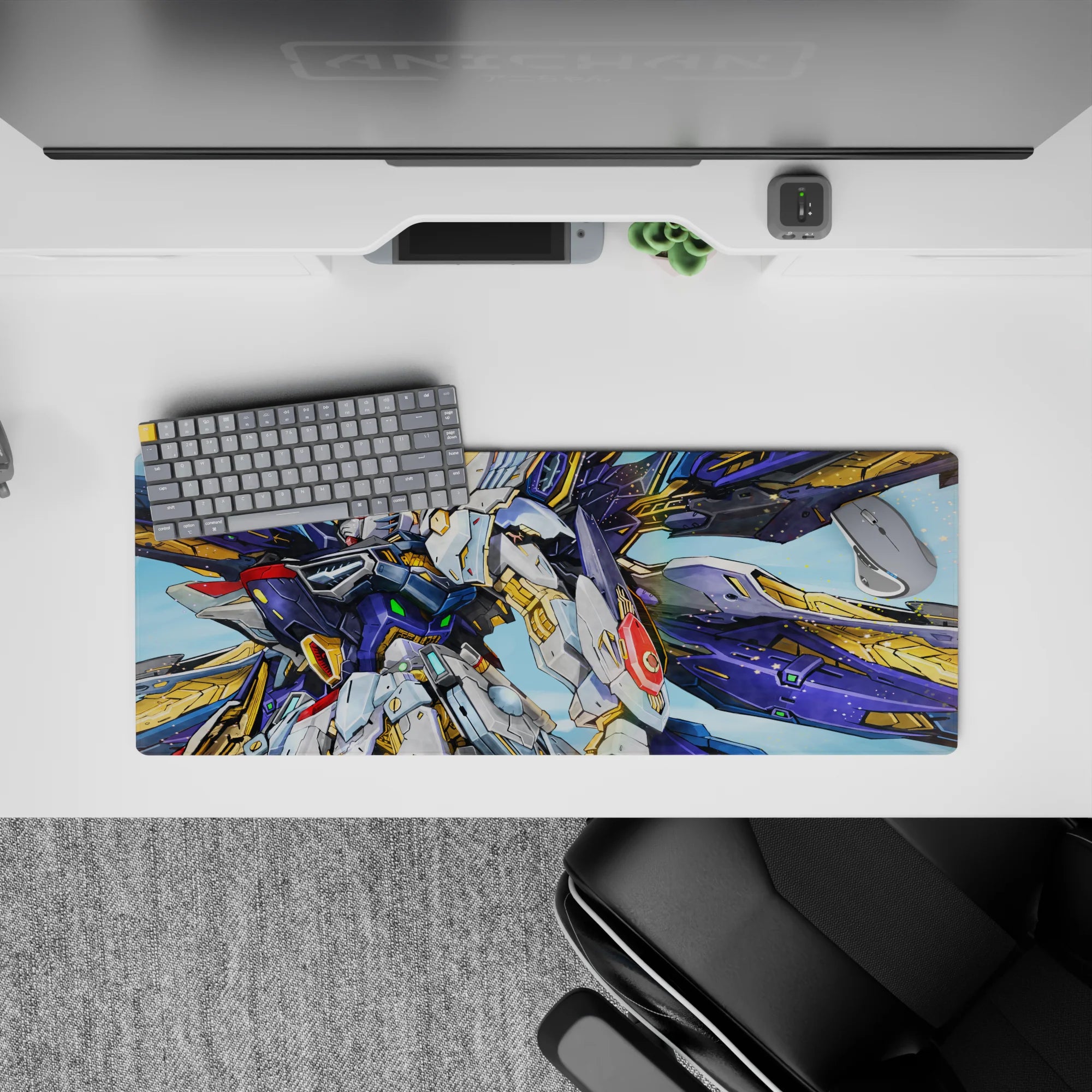 32x12 inches anime mouse pad in deep cobalt and space-dust sparkles, with red crest and neon green pop.