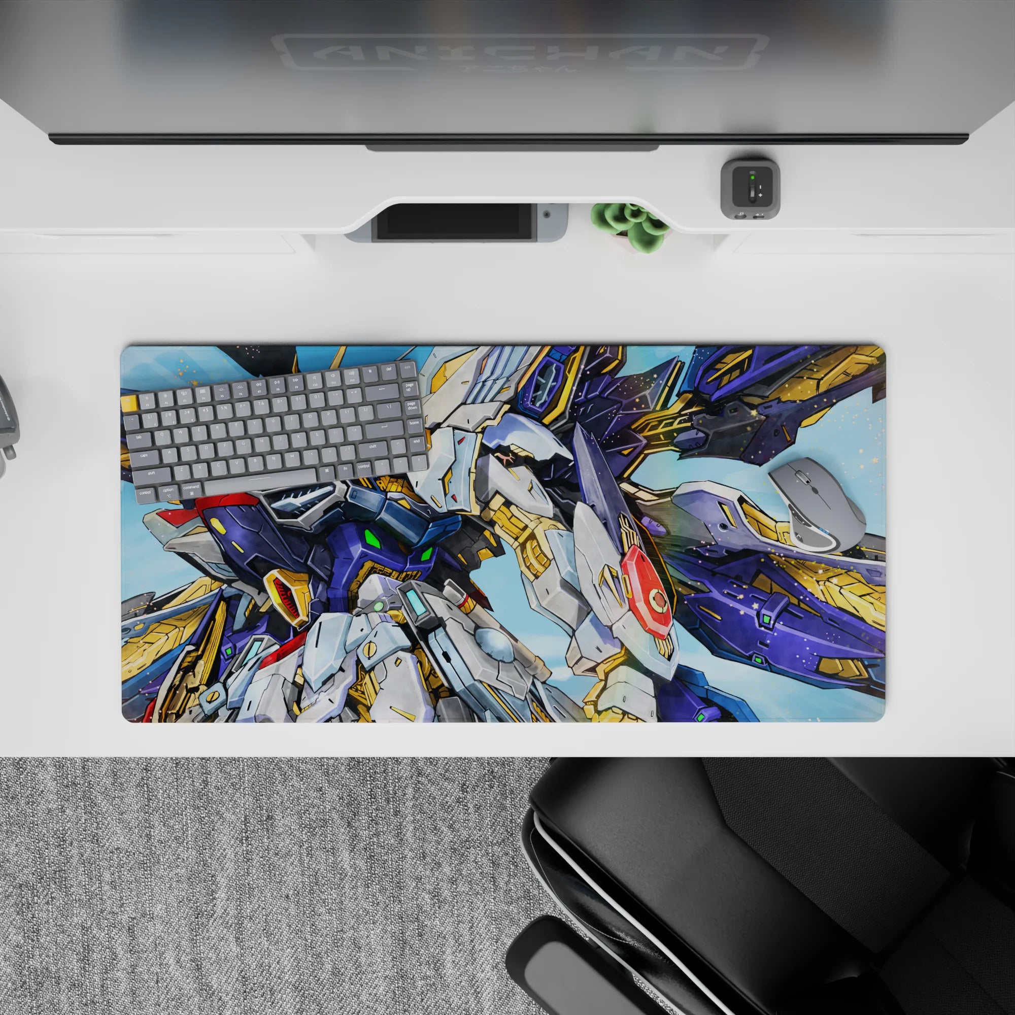 32x16 inches anime mouse pad in deep cobalt and white with gold accents and spark-like space dust.