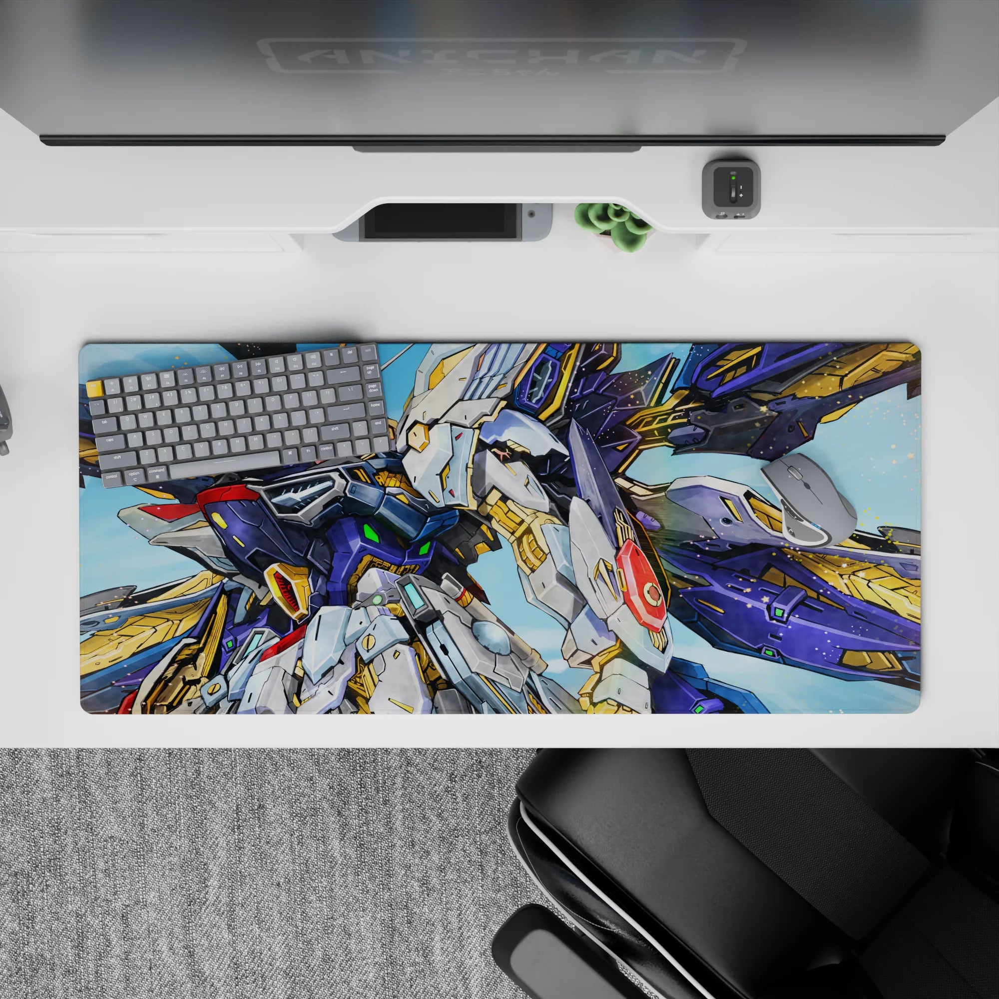 36x16 inches anime desk pad in deep cobalt and white with gold highlights, space-dust spark mood.