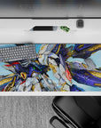 36x16 inches anime desk pad in deep cobalt and white with gold highlights, space-dust spark mood.