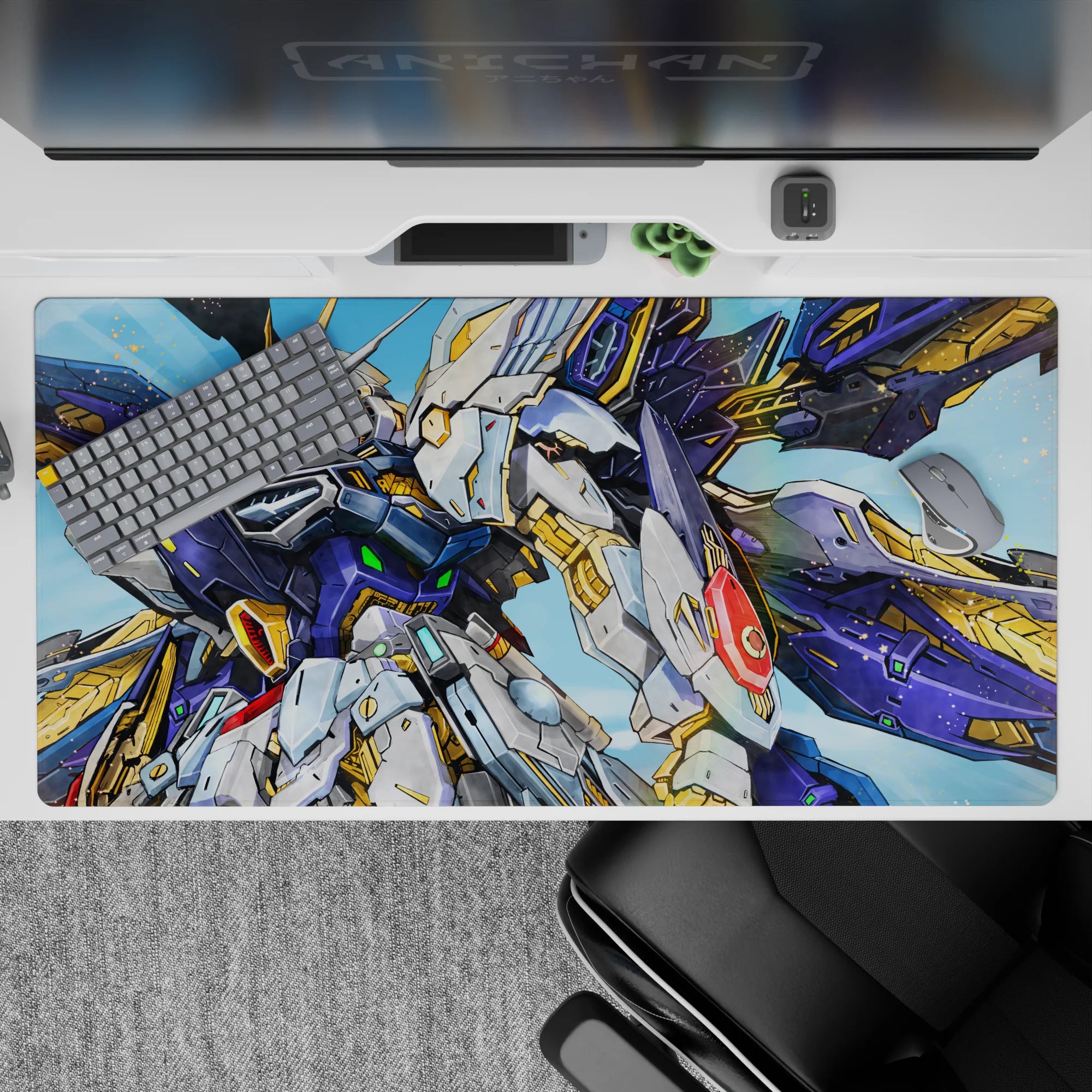 Cobalt-and-white anime desk pad 40x20 inches with gold highlights, red crest, and space-dust sparks.