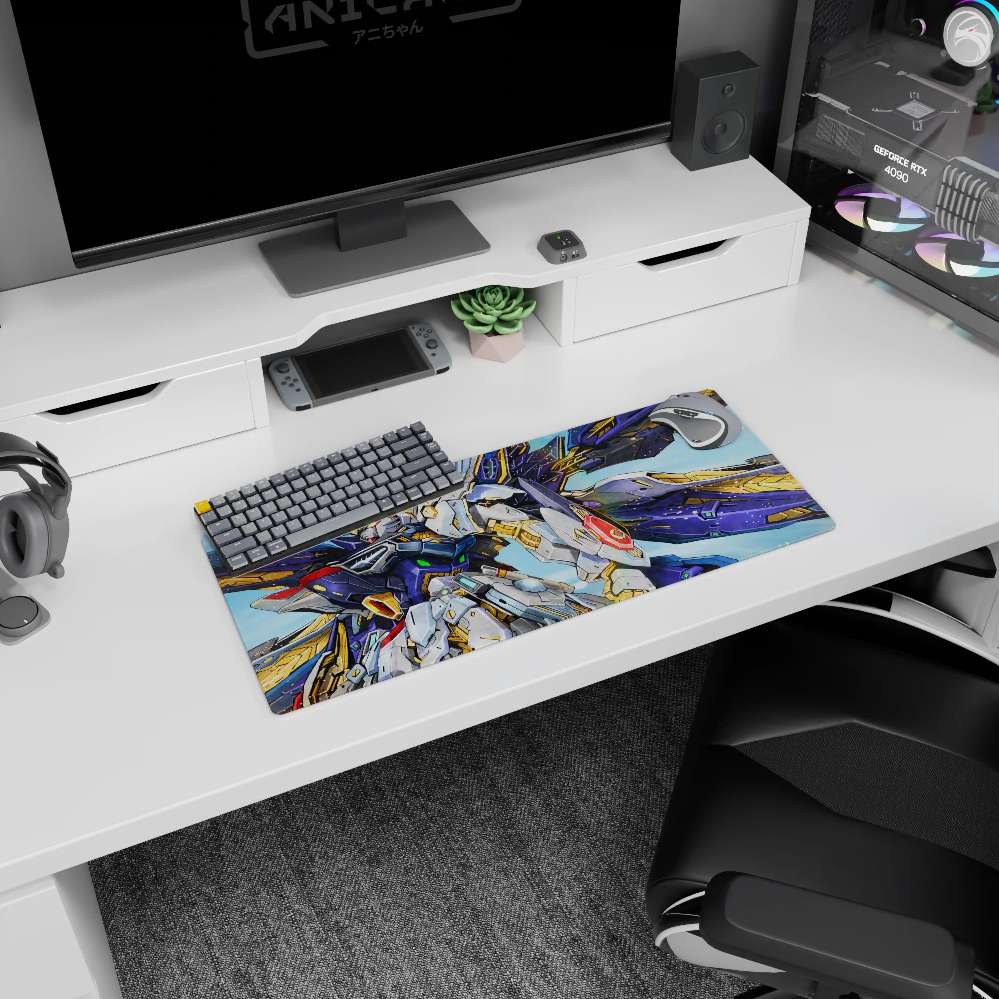 28x12 inches Gundam Wing mouse pad featuring Wing Gundam Zero bursting through a sky-bright, cockpit-style scene.