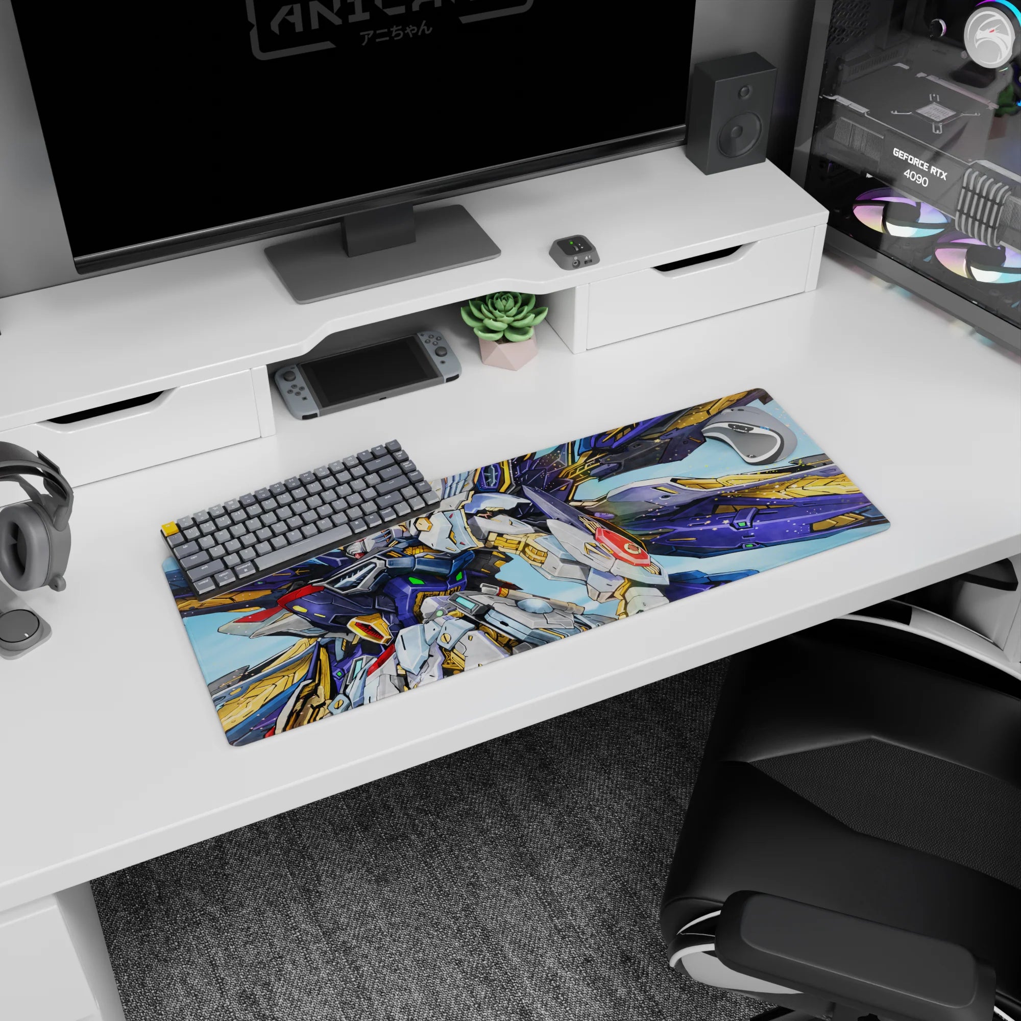 32x12 inches Gundam Wing mouse pad showing Wing Gundam Zero like a cockpit view, sky-bright and bold.