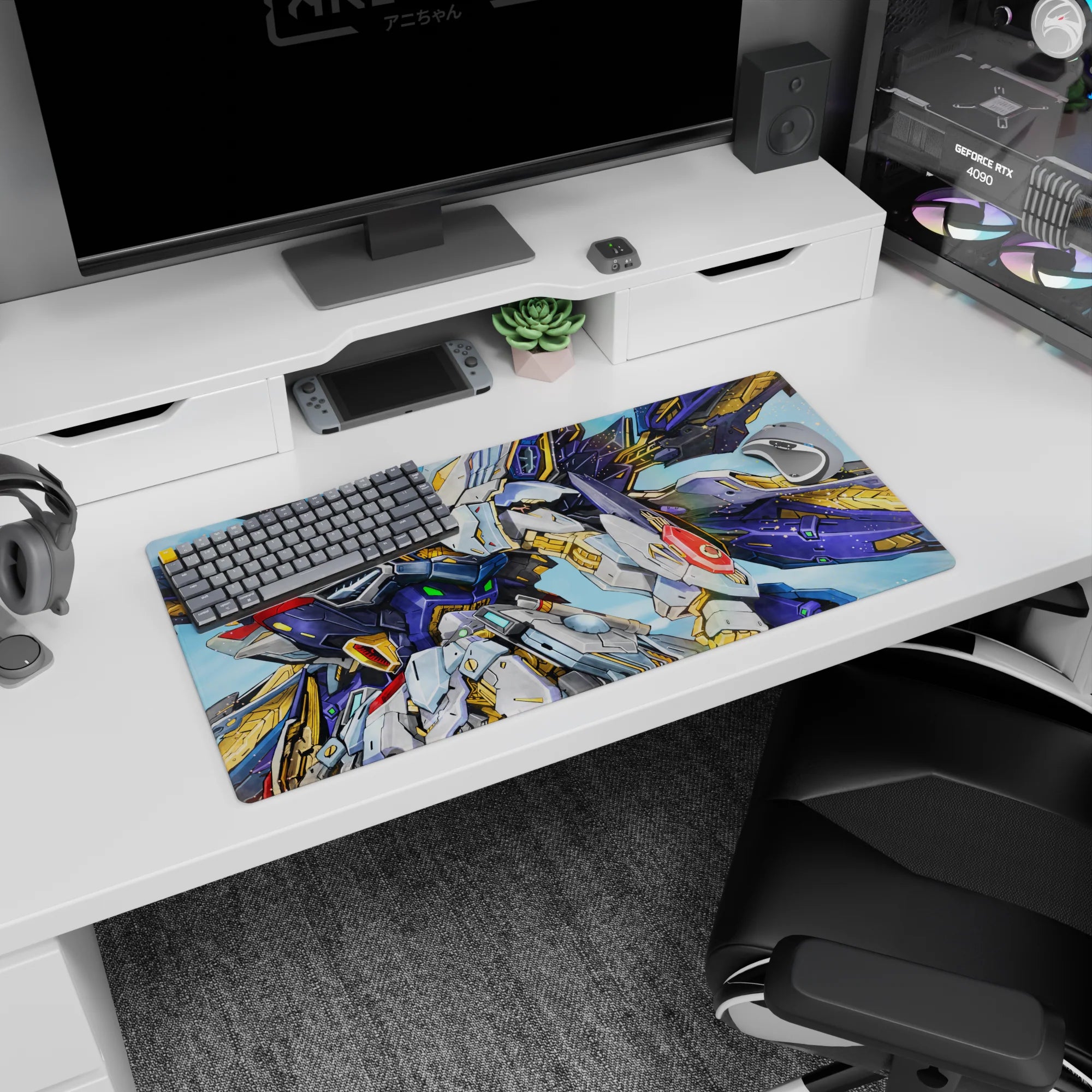 32x16 inches Gundam Wing mouse pad featuring Wing Gundam Zero with red crest and neon green details.