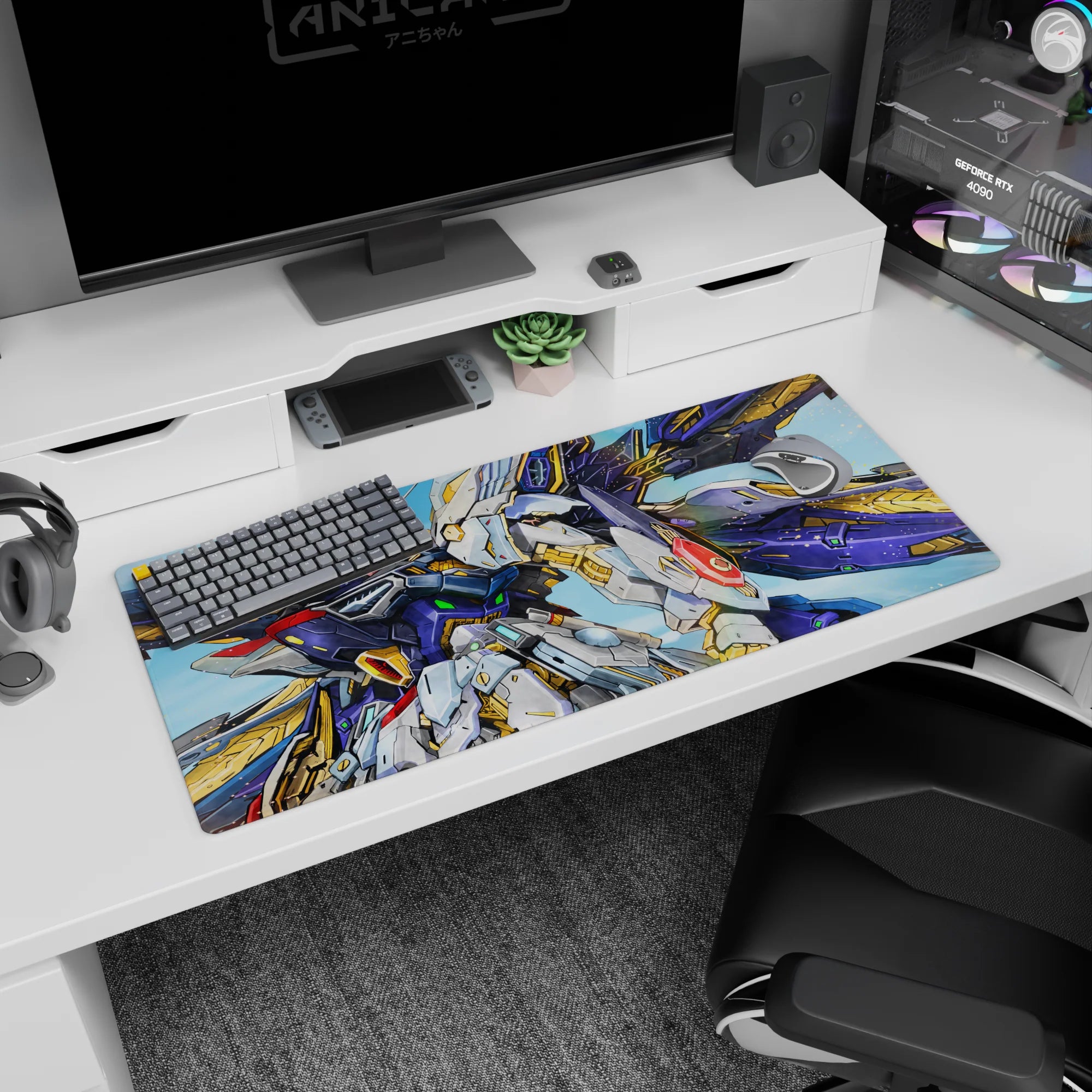 36x16 inches Gundam Wing desk pad showing Wing Gundam Zero with red crest and neon green details.