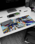 36x16 inches Gundam Wing desk pad showing Wing Gundam Zero with red crest and neon green details.