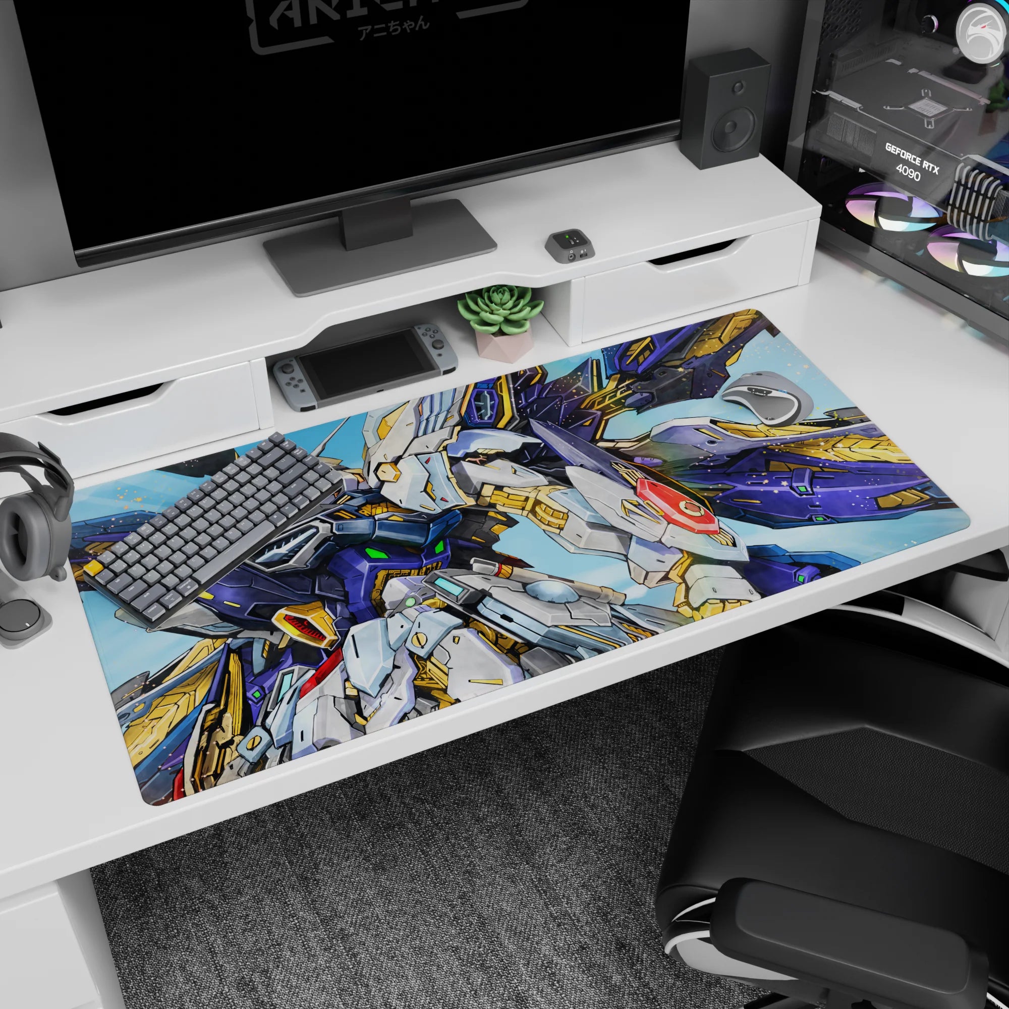 Wing Gundam Zero cockpit-style anime desk pad 40x20 inches, neon green details over a sky-bright scene.
