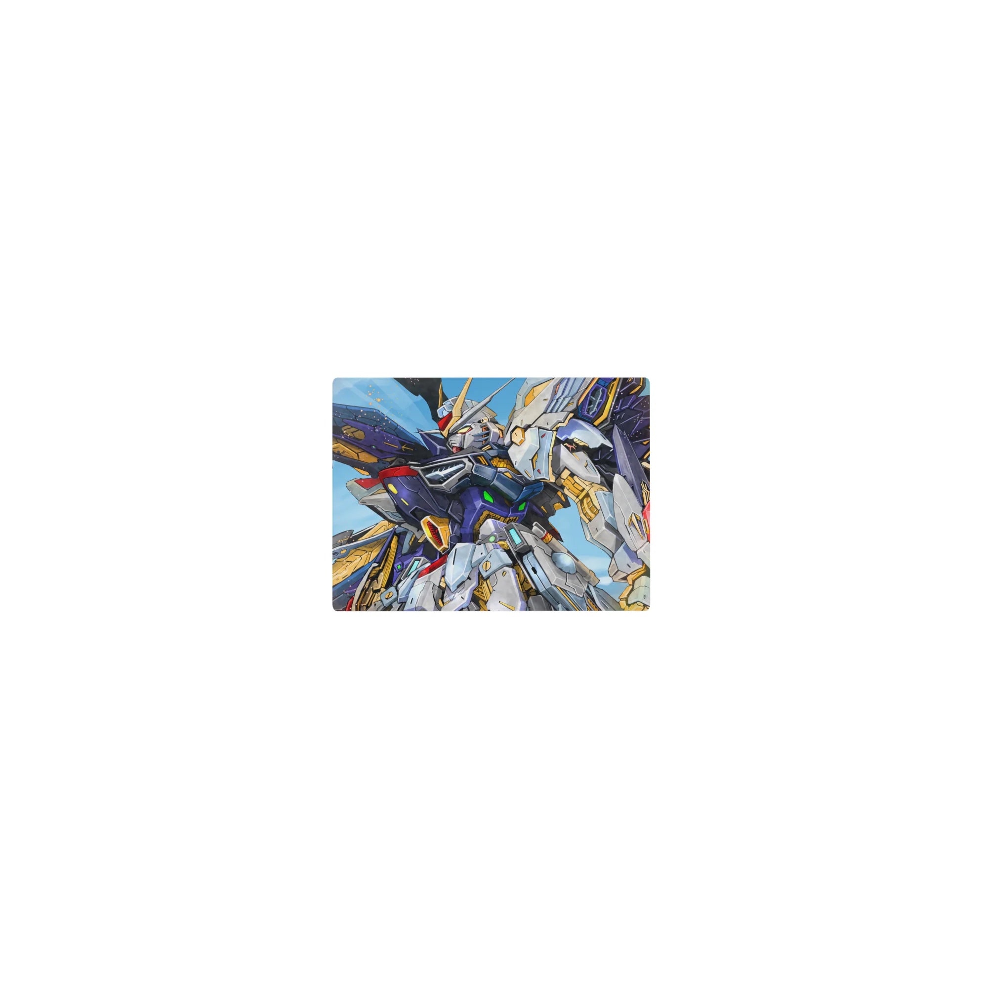 Classic anime mouse pad 14x10 inches with Wing Gundam Zero, cobalt and white armor, gold accents.
