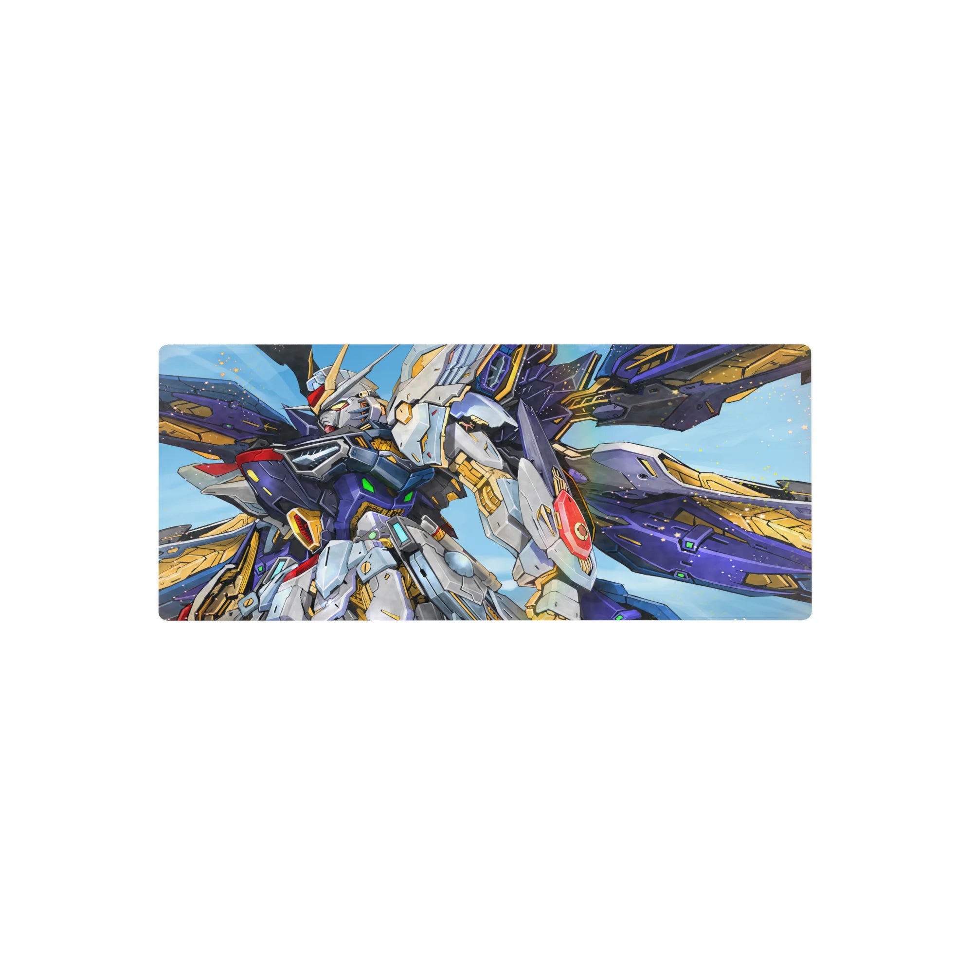 28x12 inches anime mouse pad with Wing Gundam Zero, cobalt sky backdrop, white armor and gold accents.