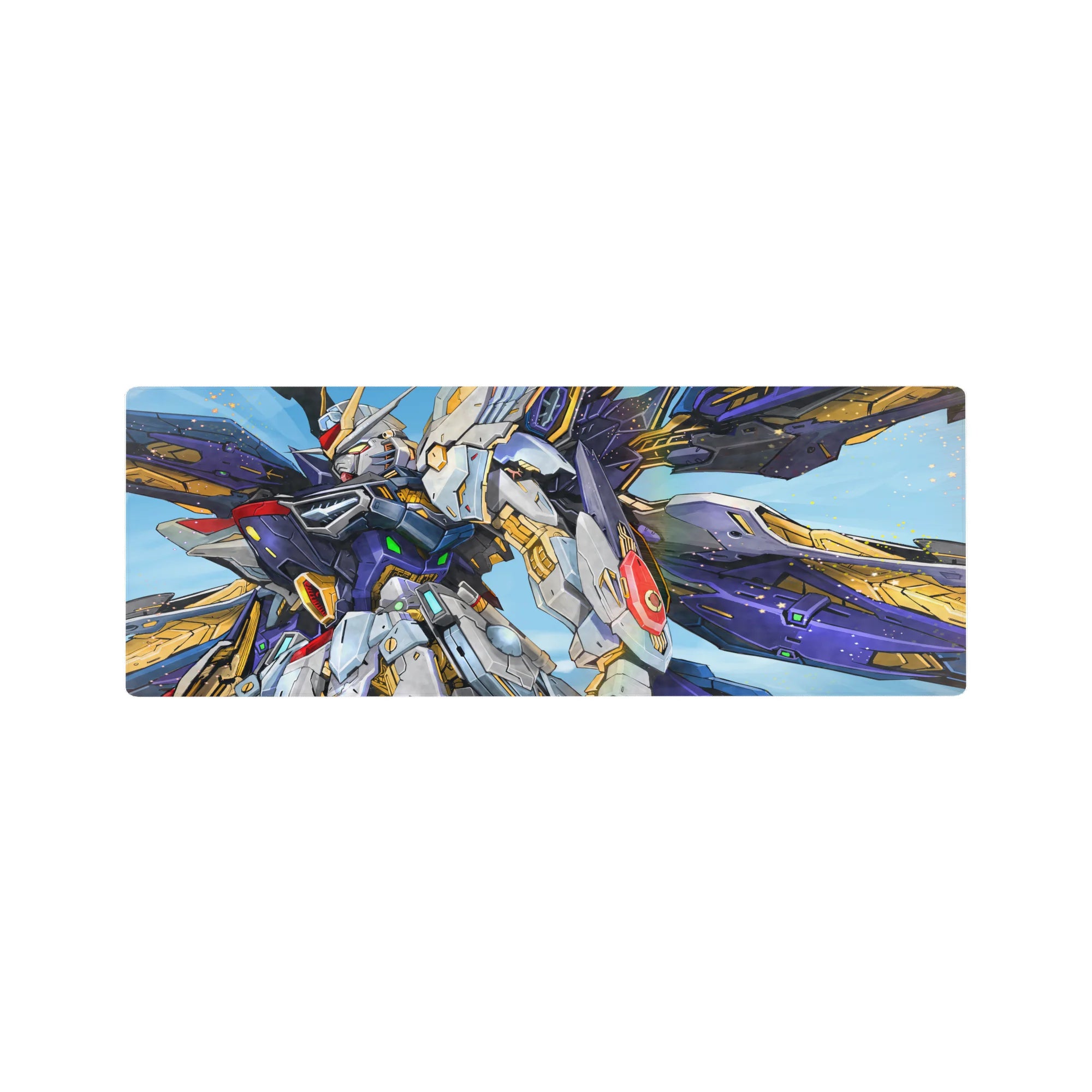32x12 inches anime mouse pad with Wing Gundam Zero, cobalt backdrop, white armor and gold accents.