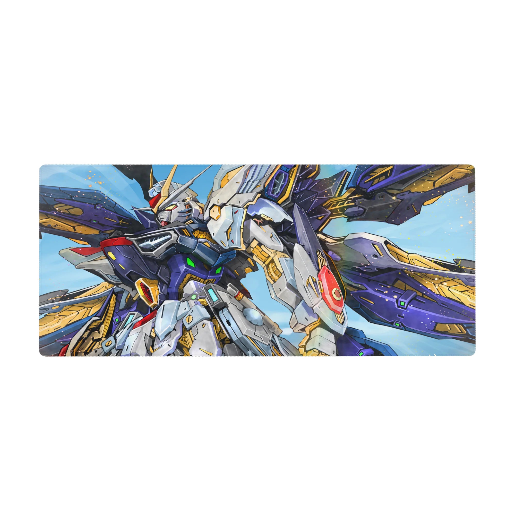 36x16 inches anime desk pad with Wing Gundam Zero, cobalt backdrop, white armor, gold accents.