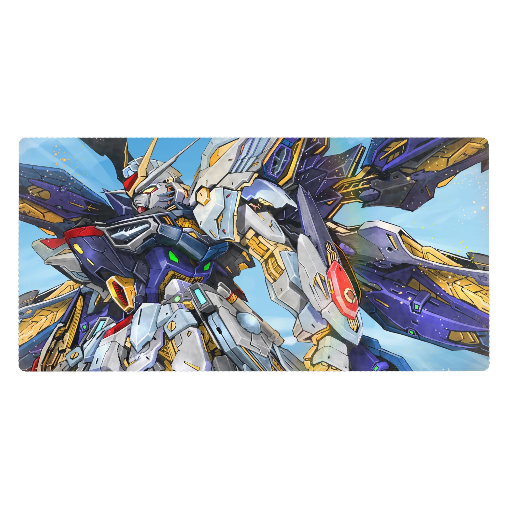 Wing Gundam Zero anime desk pad 40x20 inches with cobalt backdrop, white armor panels, gold accents.