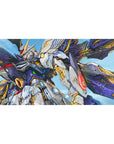 Wing Gundam Zero anime desk pad 40x20 inches with cobalt backdrop, white armor panels, gold accents.