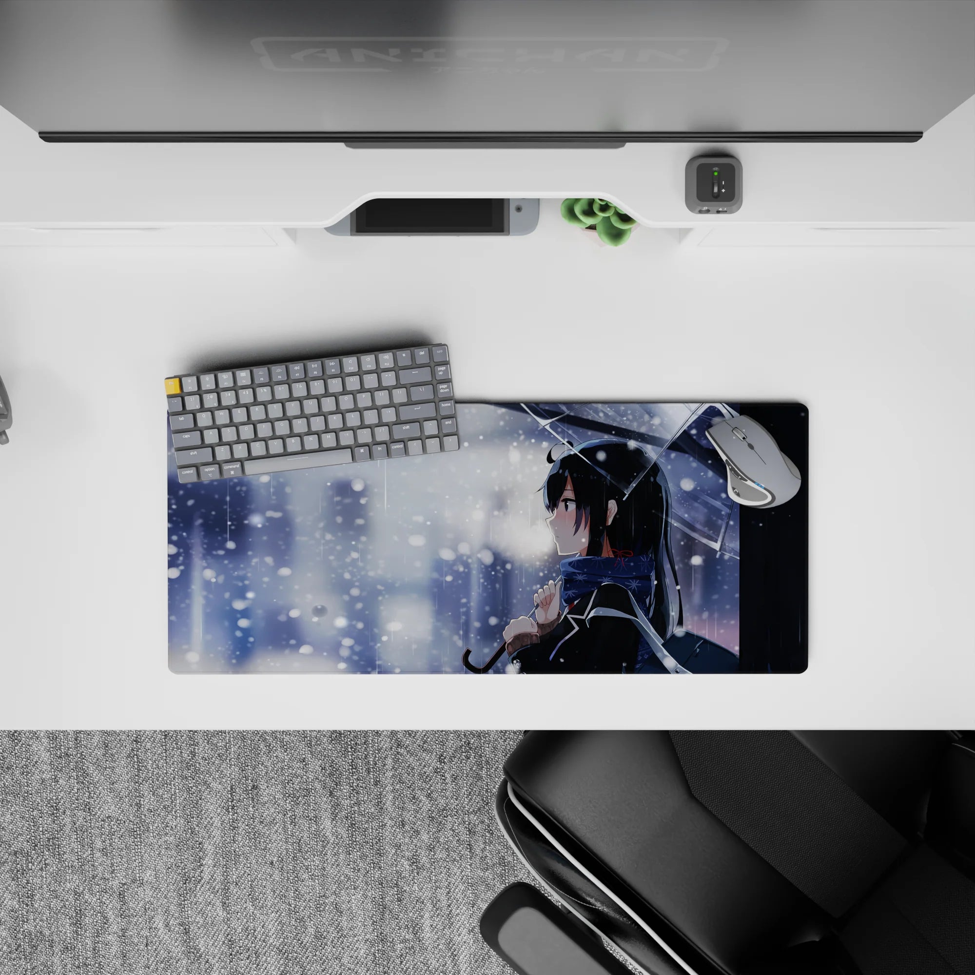 28x12 inches anime mouse pad in cool blue-gray tones, crisp whites, soft shadows, and sparkling snow mood.