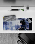 28x12 inches anime mouse pad in cool blue-gray tones, crisp whites, soft shadows, and sparkling snow mood.