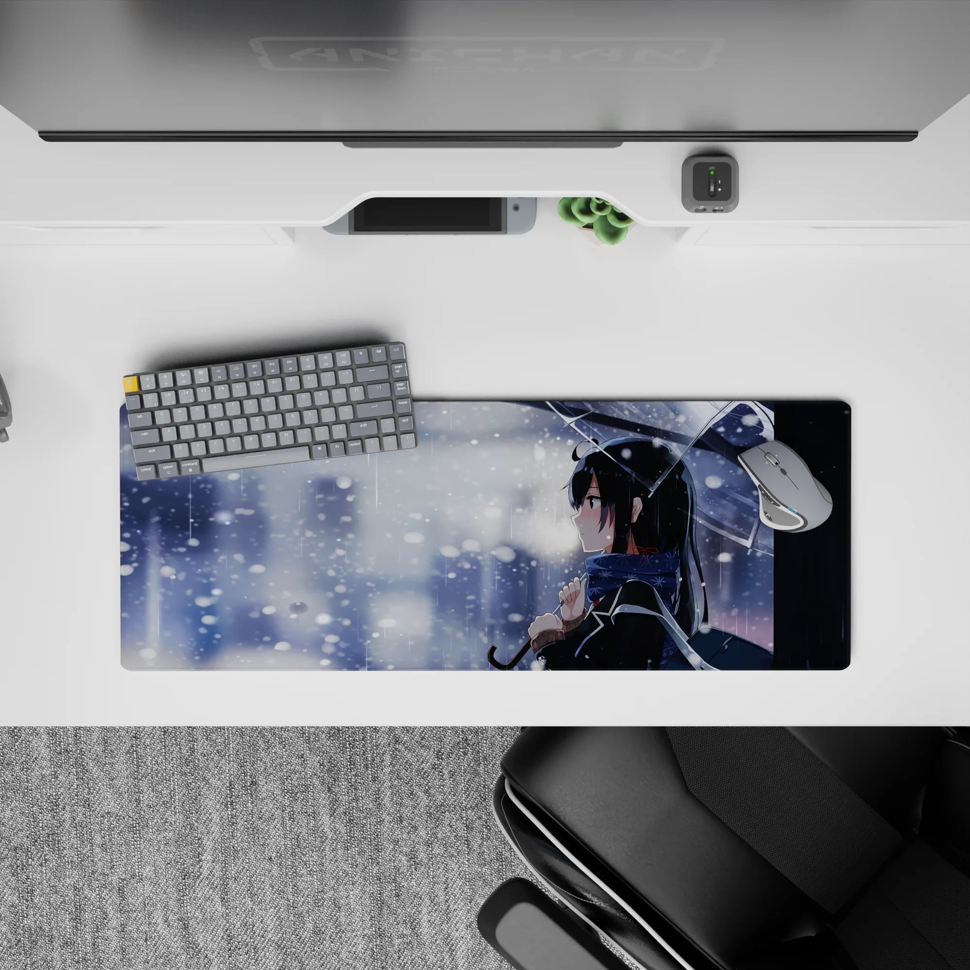 Cool blue-gray snowy mood anime girl mouse pad 32x12 inches, crisp whites and soft sparkle flakes.