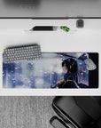 Cool blue-gray snowy mood anime girl mouse pad 32x12 inches, crisp whites and soft sparkle flakes.