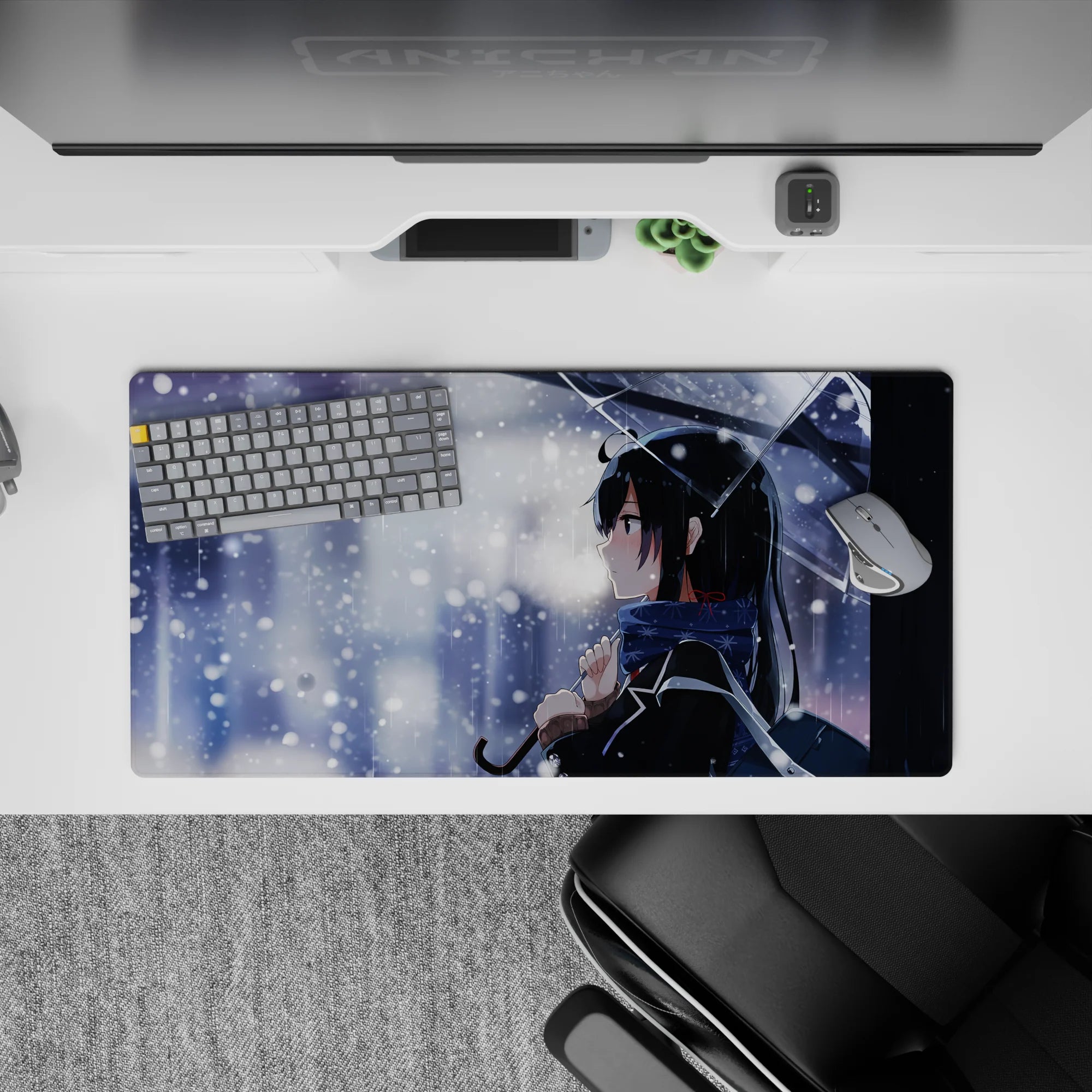 Cool blue-gray snowy anime desk mat mouse pad, 32x16 inches, crisp whites, soft shadows, sparkle flakes.