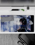 Cool blue-gray snowy anime desk mat mouse pad, 32x16 inches, crisp whites, soft shadows, sparkle flakes.