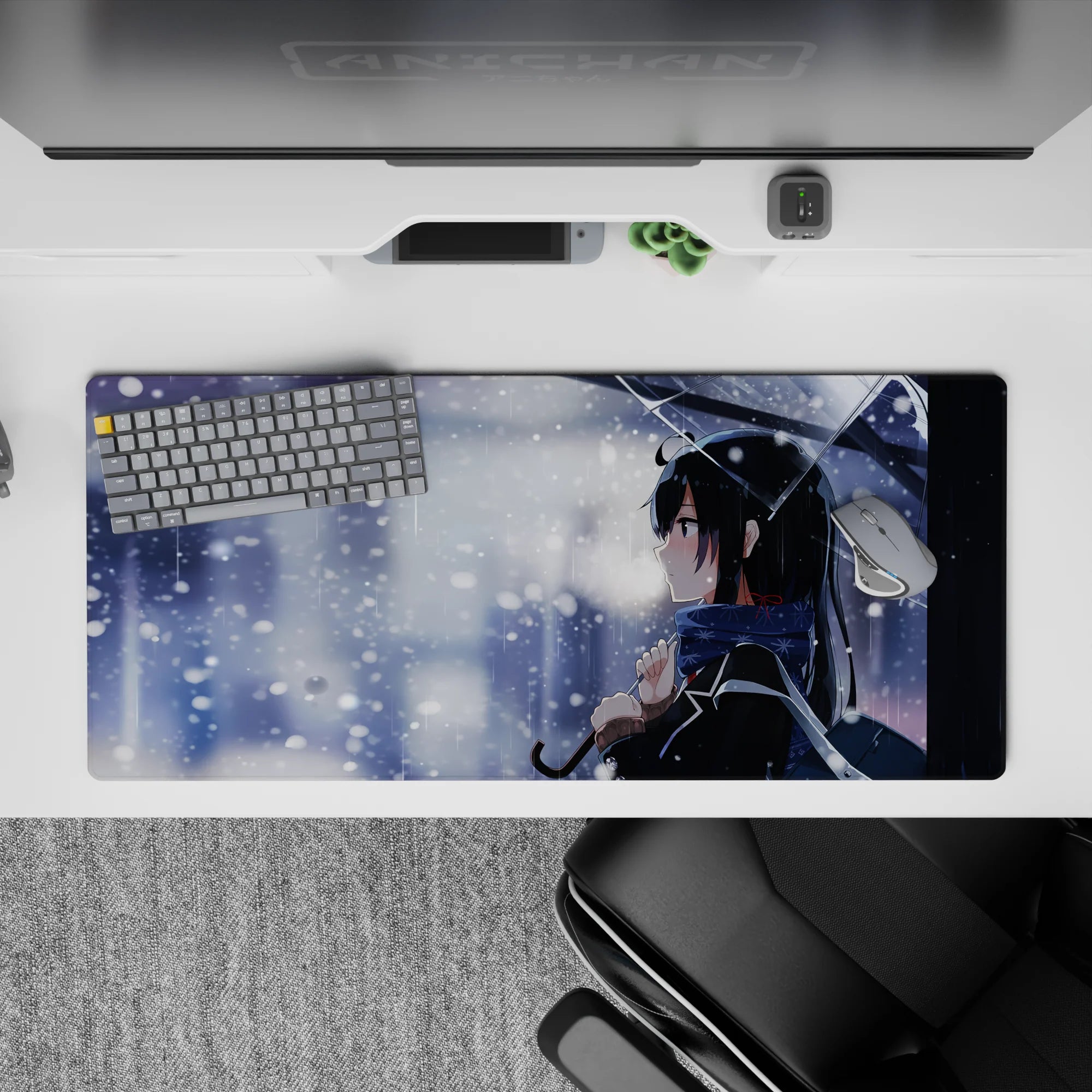 Cool blue-gray snowy mood anime desk pad 36x16 inches with crisp whites, soft shadows, sparkle flakes.