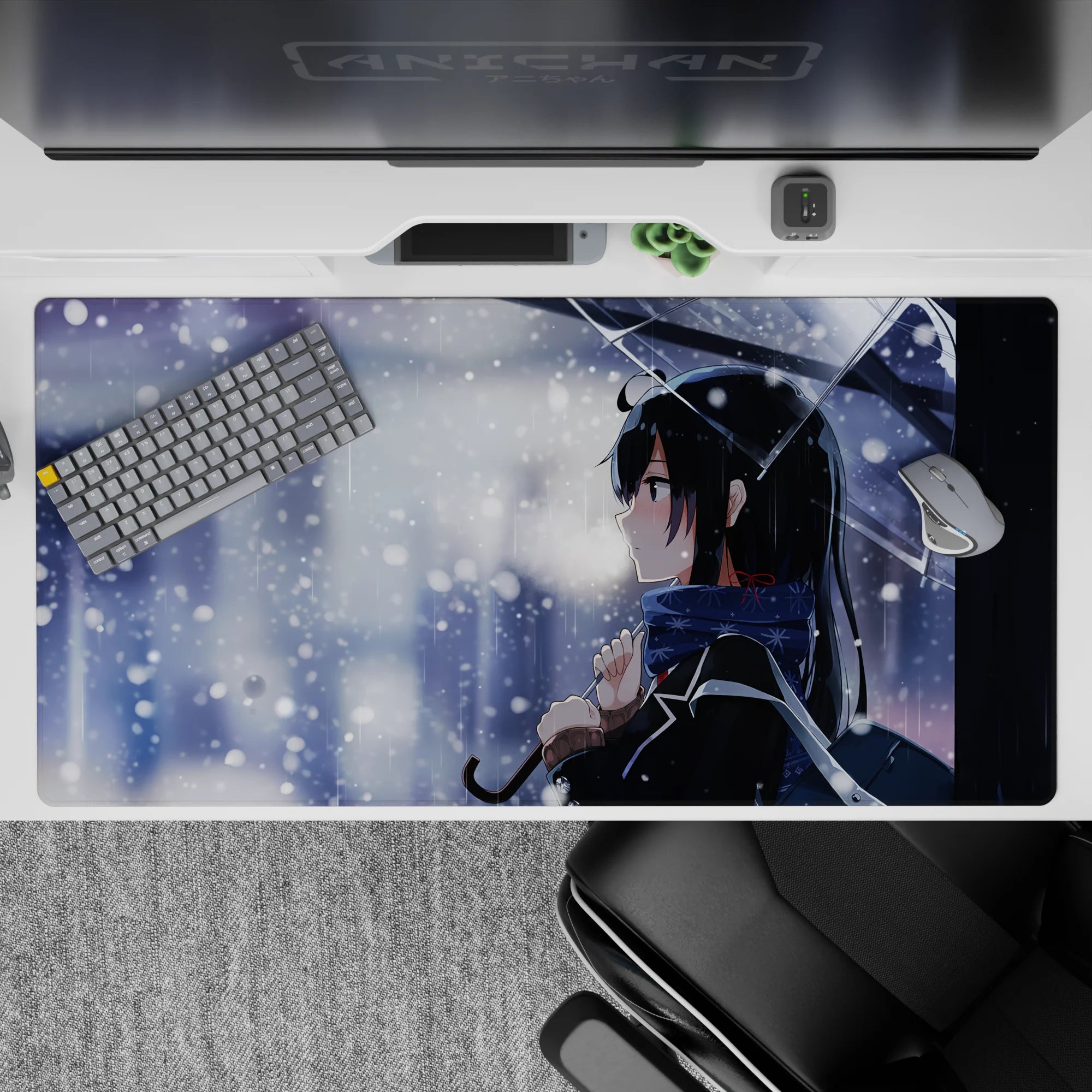 Cool blue-gray snowy romance anime desk pad 40x20 inches with crisp whites, soft sparkle flakes, calm mood.
