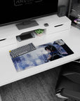 28x12 inches mouse pad showing a quiet black-haired anime girl under a clear umbrella in a snowy city night.