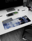 Quiet black-haired anime girl under a clear umbrella, snowflake scarf, city lights mouse pad 32x12 inches.