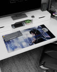 Quiet black-haired anime girl under a clear umbrella at night, 32x16 inches mouse pad, snowy street glow.
