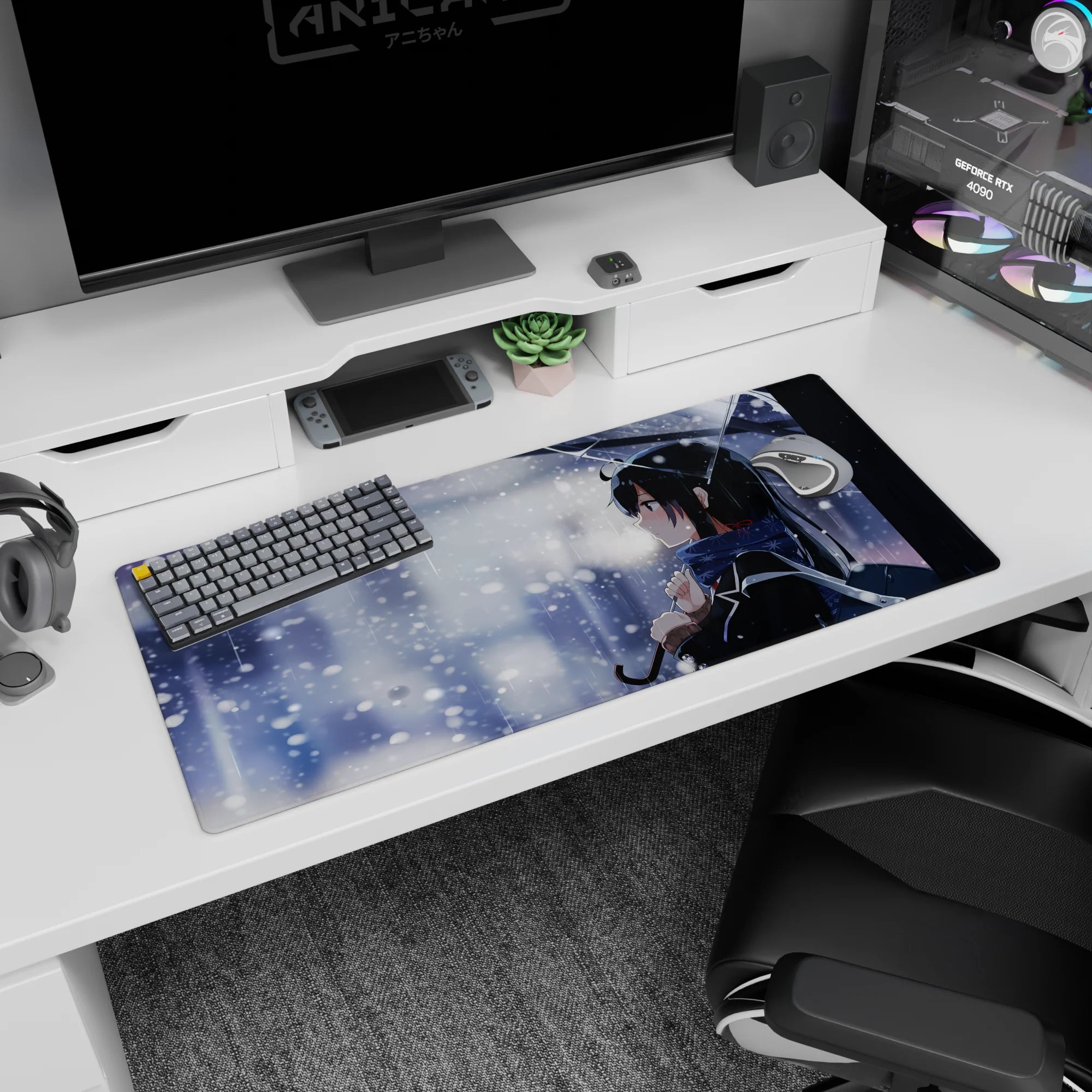 Quiet anime girl under a clear umbrella at night on a 36x16 inches desk pad, black tied hair and scarf.