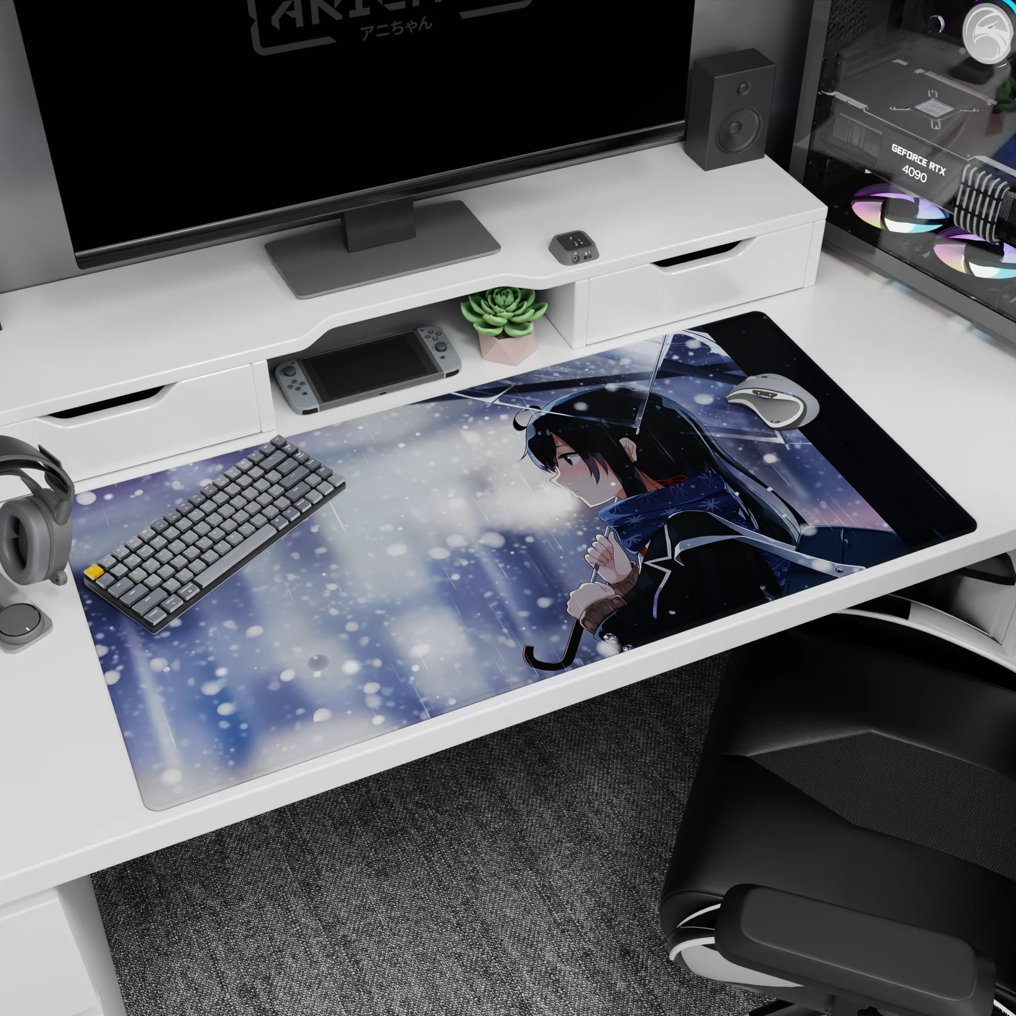 Anime girl under clear umbrella with tied-back black hair and snowflake scarf, desk pad 40x20 inches.