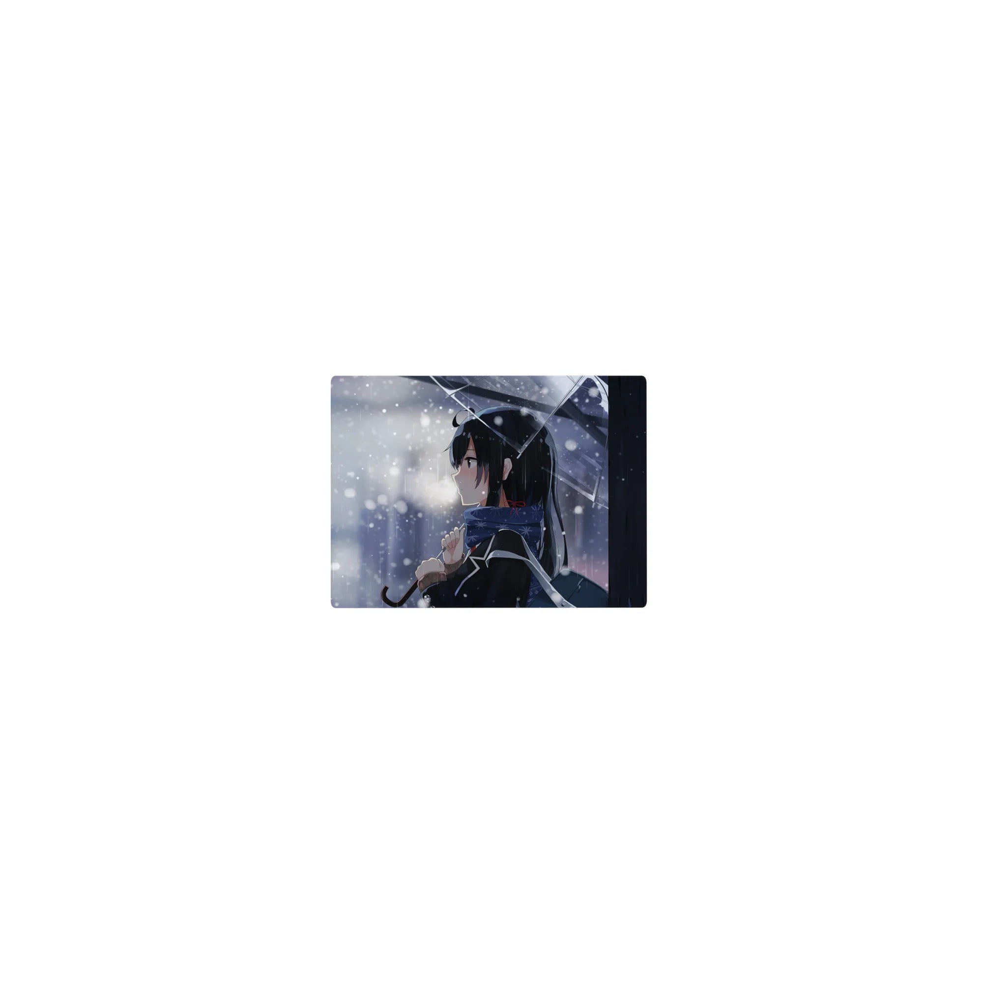 Classic anime girl mouse pad 14x10 inches with clear umbrella, snowflake scarf, and city bokeh background.