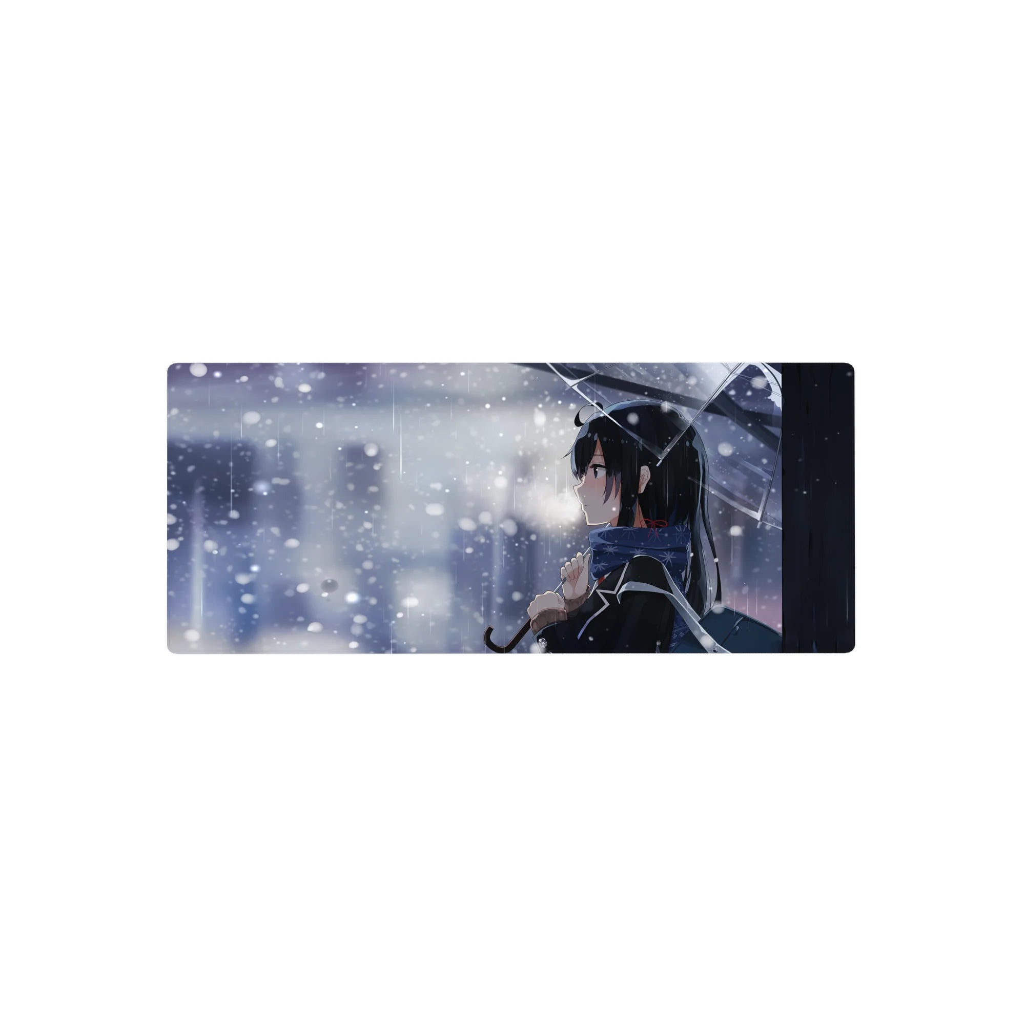 28x12 inches anime girl mouse pad with clear umbrella, snowflake scarf, and city light bokeh winter scene.