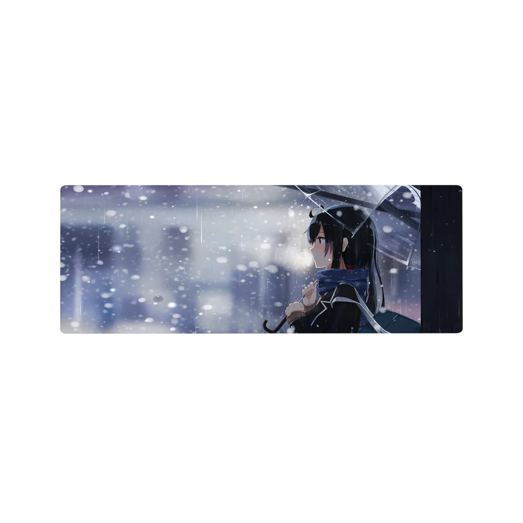 Winter romance anime girl mouse pad desk mat 32x12 inches with clear umbrella and snowy city bokeh.