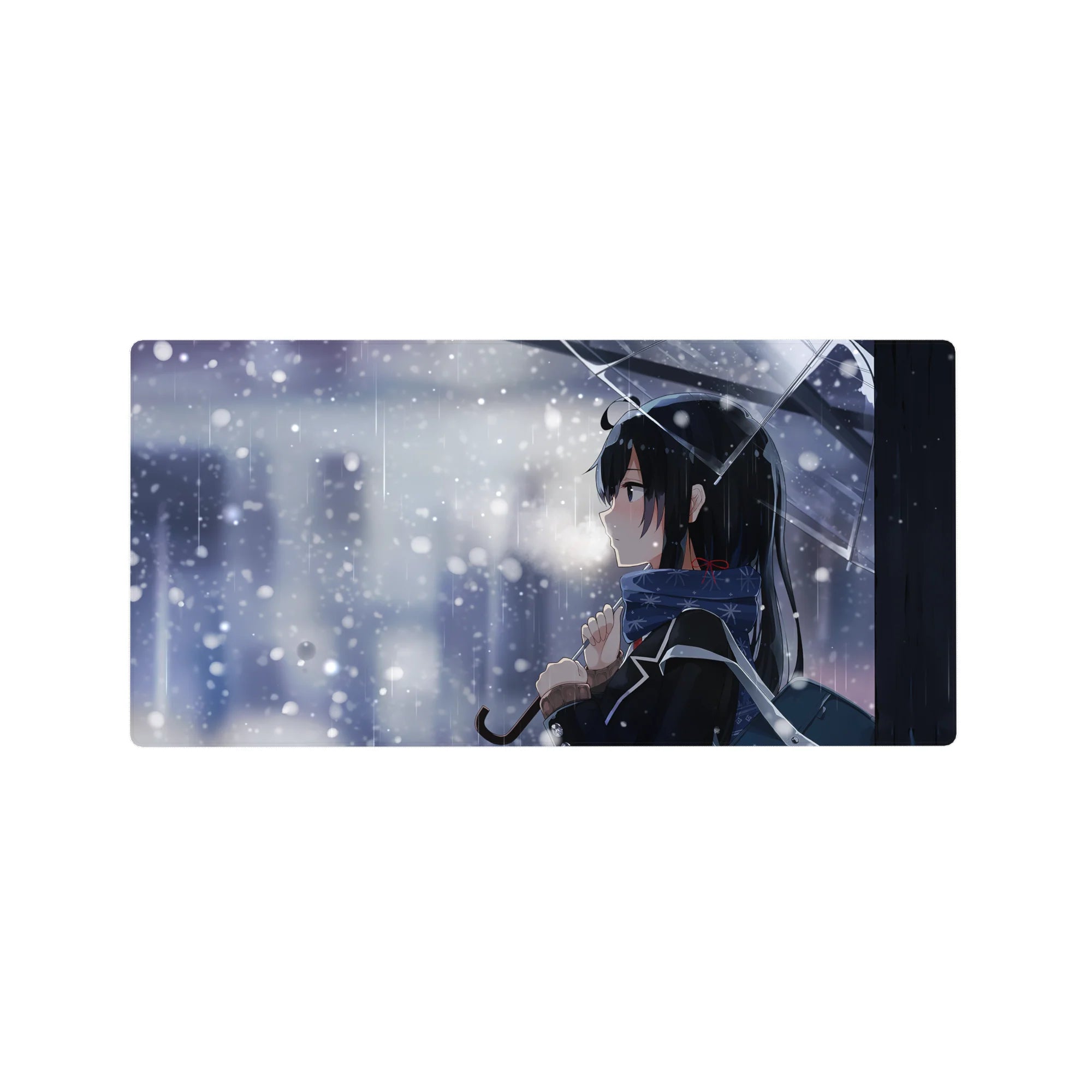 Winter romance anime girl mouse pad, 32x16 inches, clear umbrella, snowflake scarf, city bokeh lights.