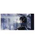 Winter romance anime girl mouse pad, 32x16 inches, clear umbrella, snowflake scarf, city bokeh lights.