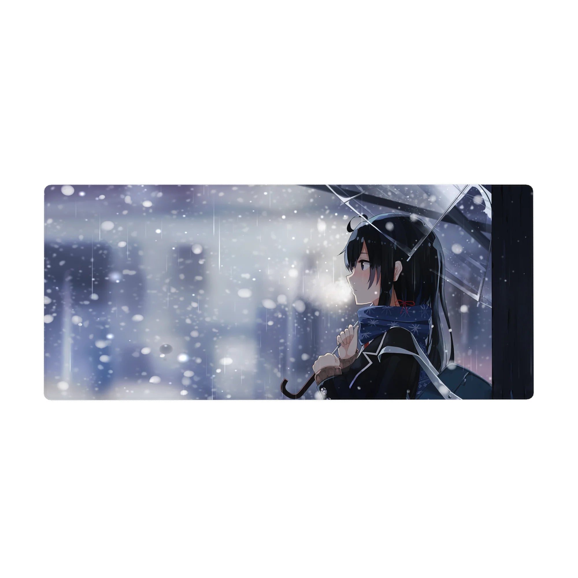 Anime girl winter romance desk pad 36x16 inches with clear umbrella, scarf, and city light bokeh.