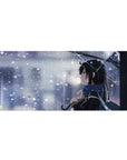 Anime girl winter romance desk pad 36x16 inches with clear umbrella, scarf, and city light bokeh.