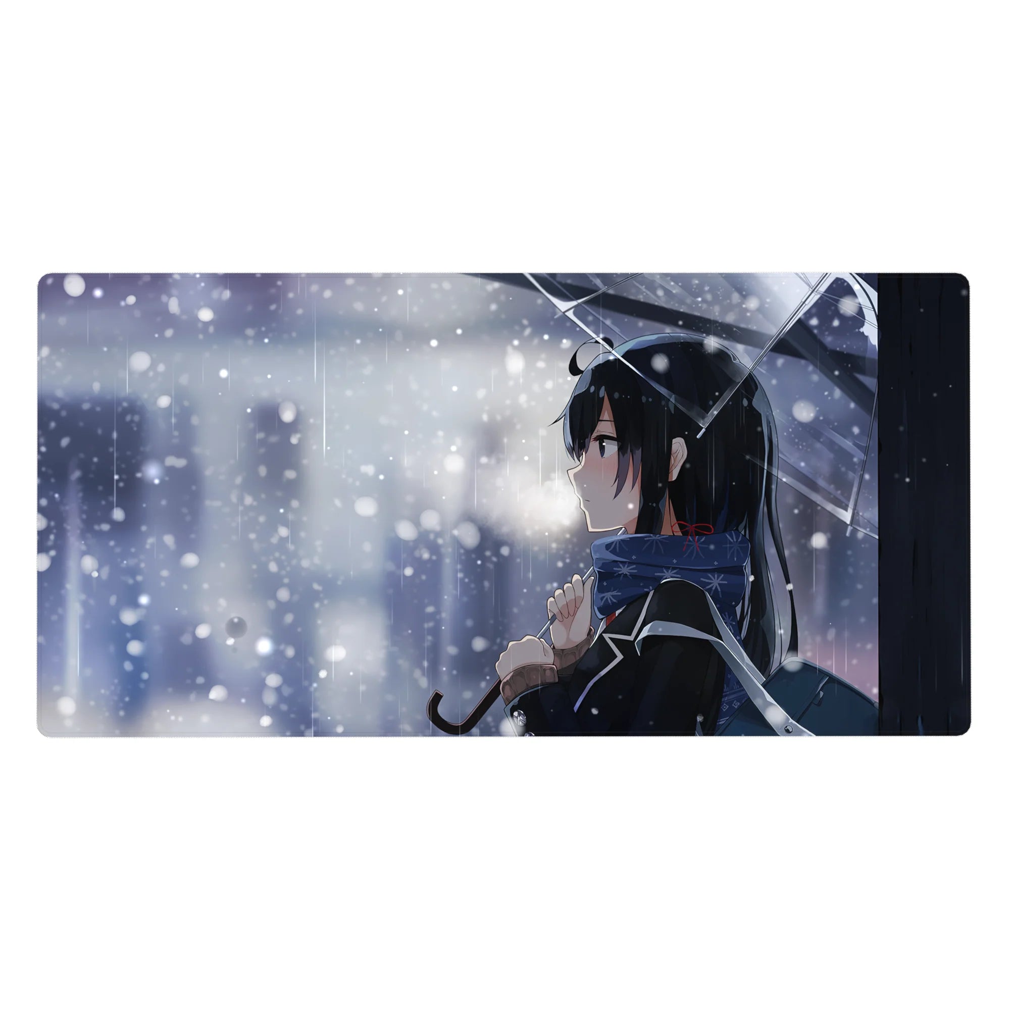 Anime girl desk pad 40x20 inches with winter city lights, clear umbrella, snowflake scarf, and bokeh.