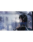 Anime girl desk pad 40x20 inches with winter city lights, clear umbrella, snowflake scarf, and bokeh.
