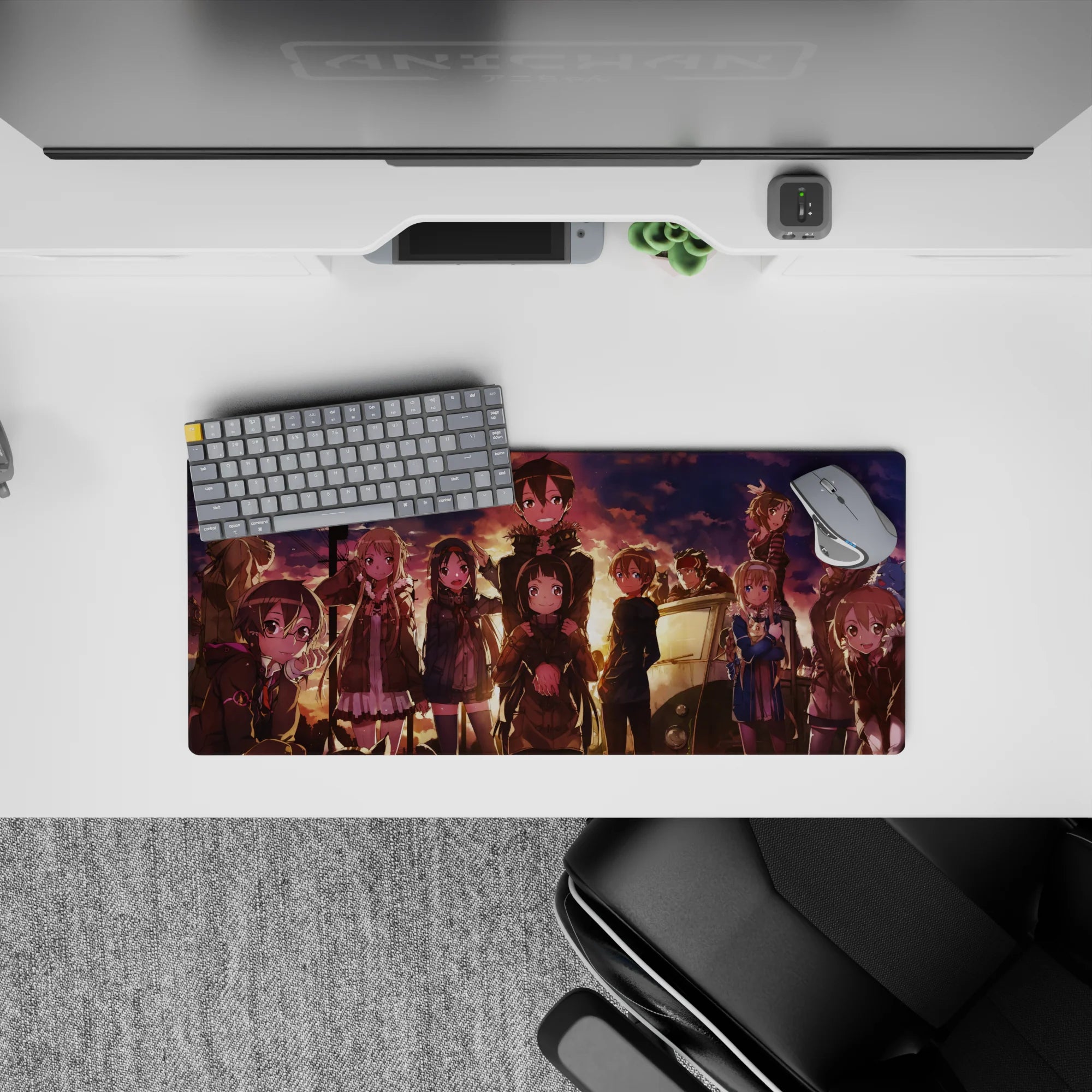 Anime mouse pad 28x12 inches featuring characters under a sunset glow, with warm lighting and nostalgic atmosphere.