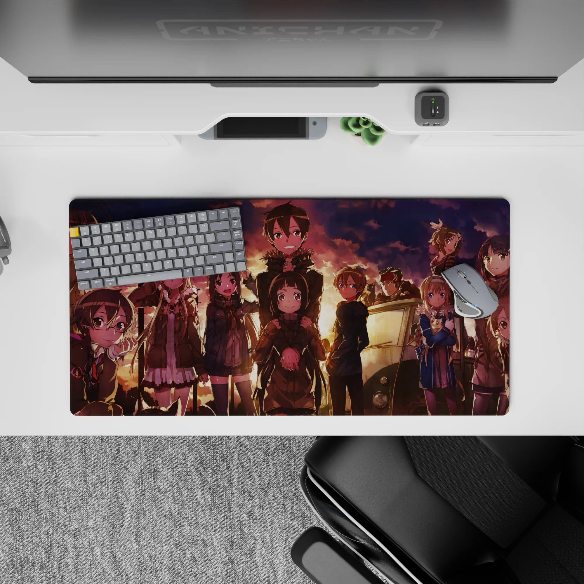 Anime mouse pad 32x16 inches featuring characters in sunset glow, warm colors and nostalgic ambiance with smiles and cats.