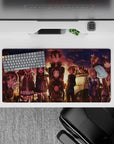 Anime mouse pad 32x16 inches featuring characters in sunset glow, warm colors and nostalgic ambiance with smiles and cats.