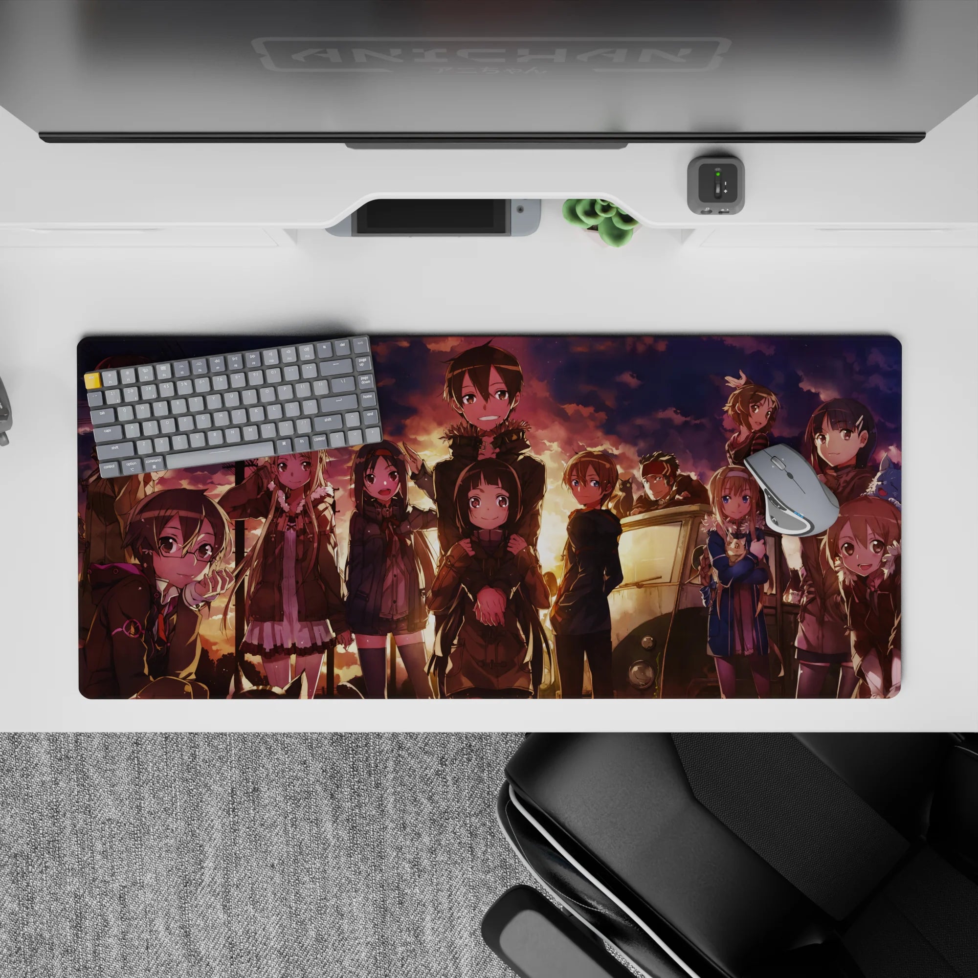 Anime desk pad 36x16 inches with golden hour scene, featuring characters smiling in warm sunset lighting, perfect for fans.