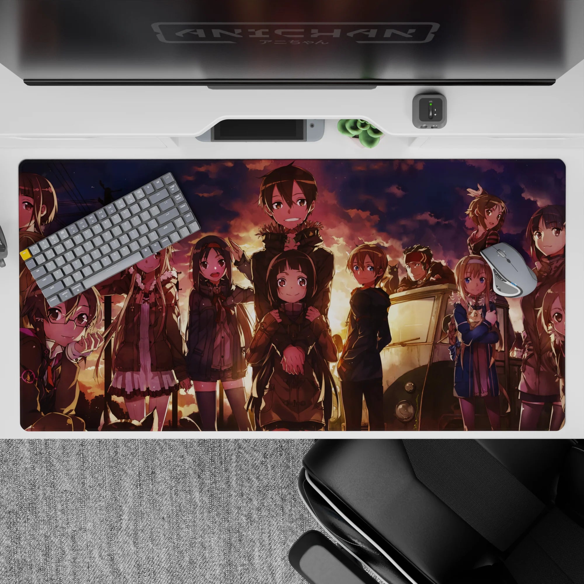 Anime desk pad 40x20 inches featuring characters in a sunset scene with warm colors, capturing a nostalgic and cozy vibe.