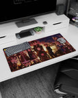 Anime mouse pad 32x16 inches featuring characters in sunset hues from plum to gold, capturing warmth and nostalgic joy.